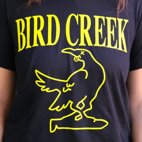 Close-up of a person wearing a black t-shirt with "BIRD CREEK" and a yellow bird logo.