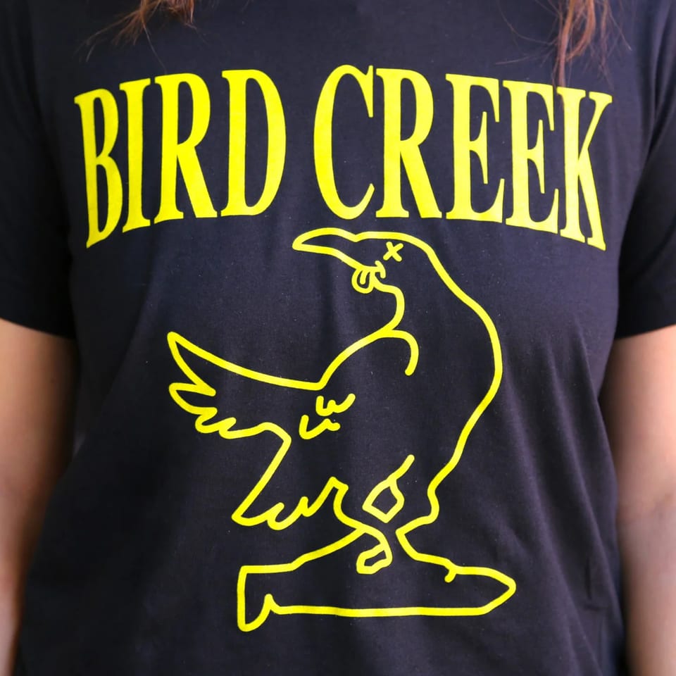Close-up of a person wearing a black t-shirt with "BIRD CREEK" and a yellow bird logo.