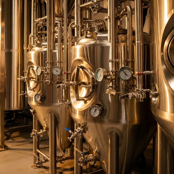 Shiny stainless steel brewing tanks with gauges and pipes in a dimly lit brewery.